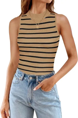 ZESICA Womens Ribbed Tank Tops High Neck Slim Fitted Striped Basic Casual Summer Sleeveless Shirts