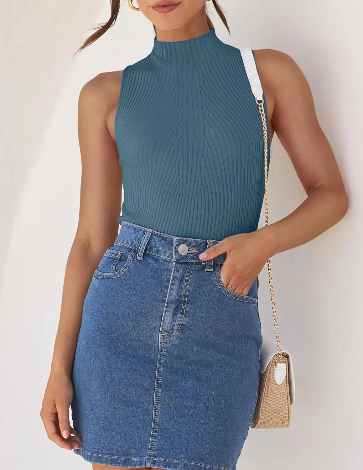 ZESICA Women's Summer Ribbed High Neck Tank Tops Slim Fit Fashion Casual Basic Knit Sleeveless Shirts