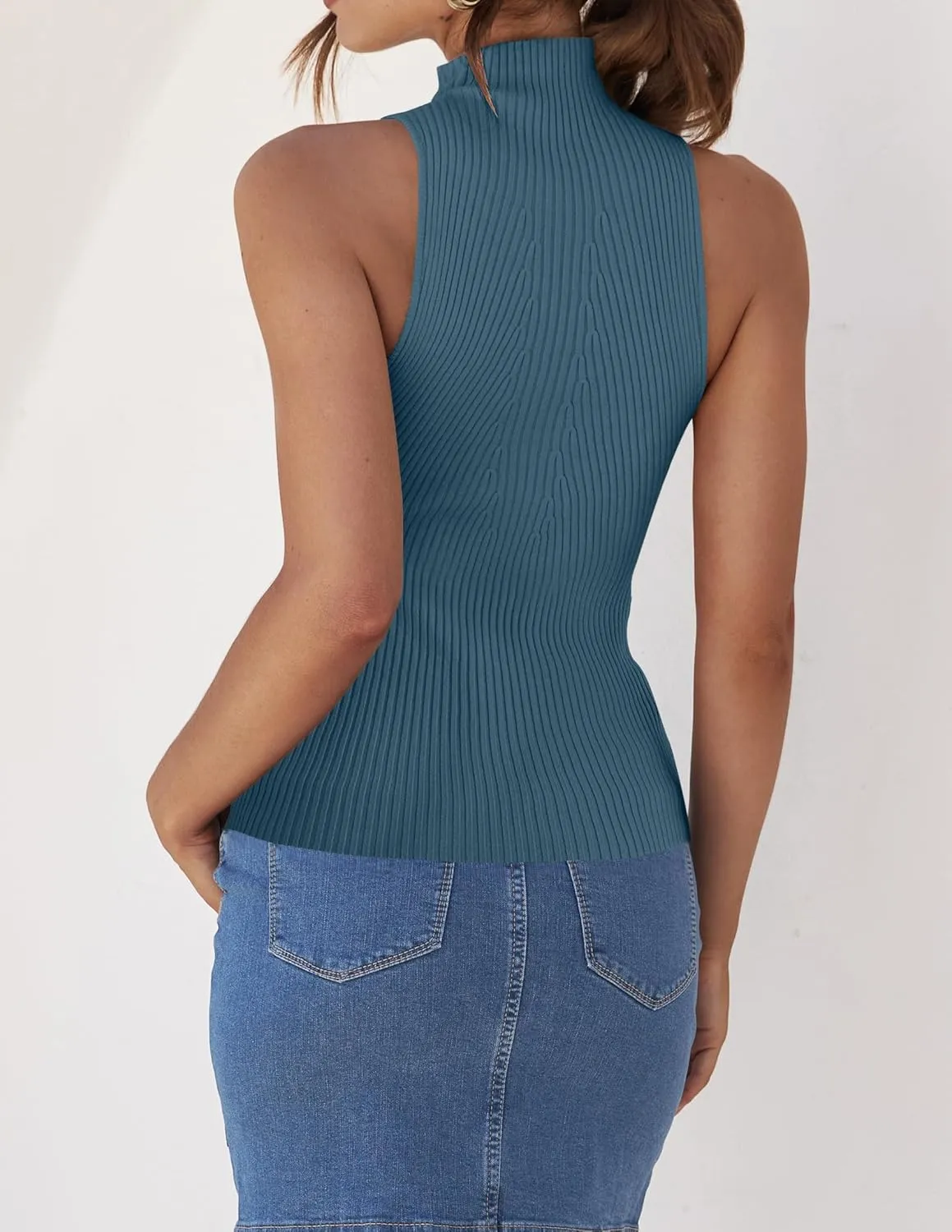 ZESICA Women's Summer Ribbed High Neck Tank Tops Slim Fit Fashion Casual Basic Knit Sleeveless Shirts