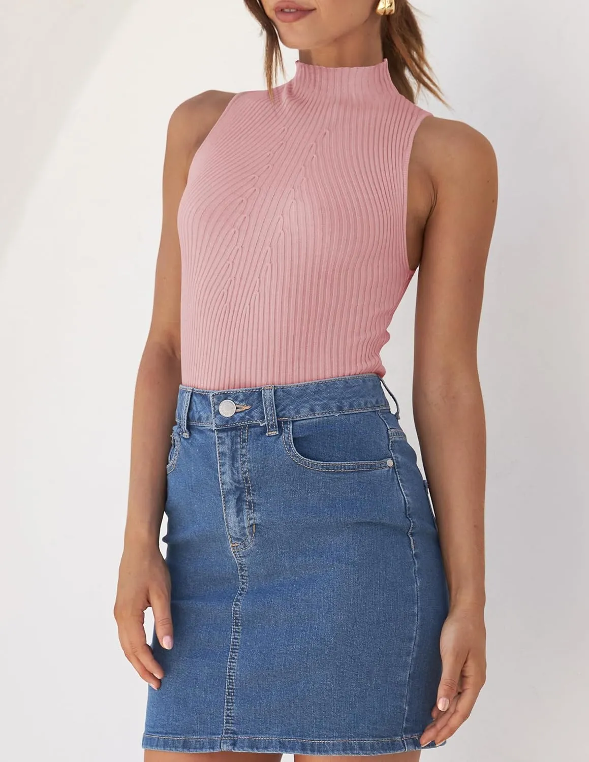 ZESICA Women's Summer Ribbed High Neck Tank Tops Slim Fit Fashion Casual Basic Knit Sleeveless Shirts