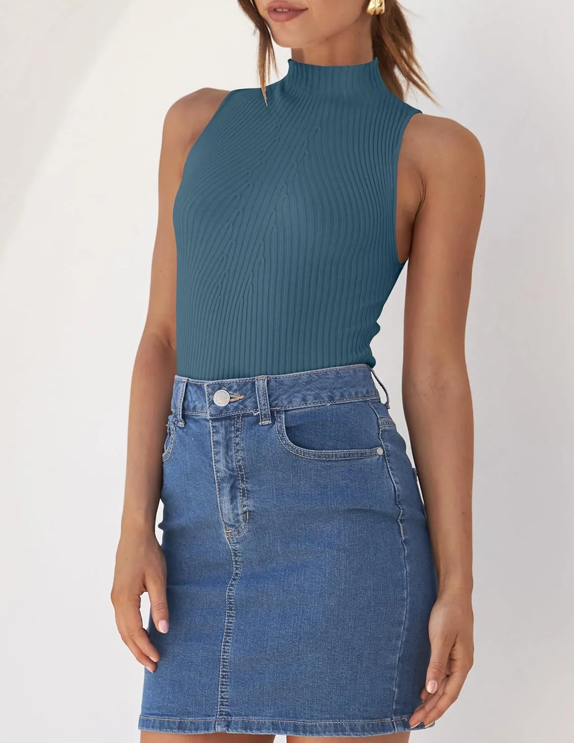 ZESICA Women's Summer Ribbed High Neck Tank Tops Slim Fit Fashion Casual Basic Knit Sleeveless Shirts