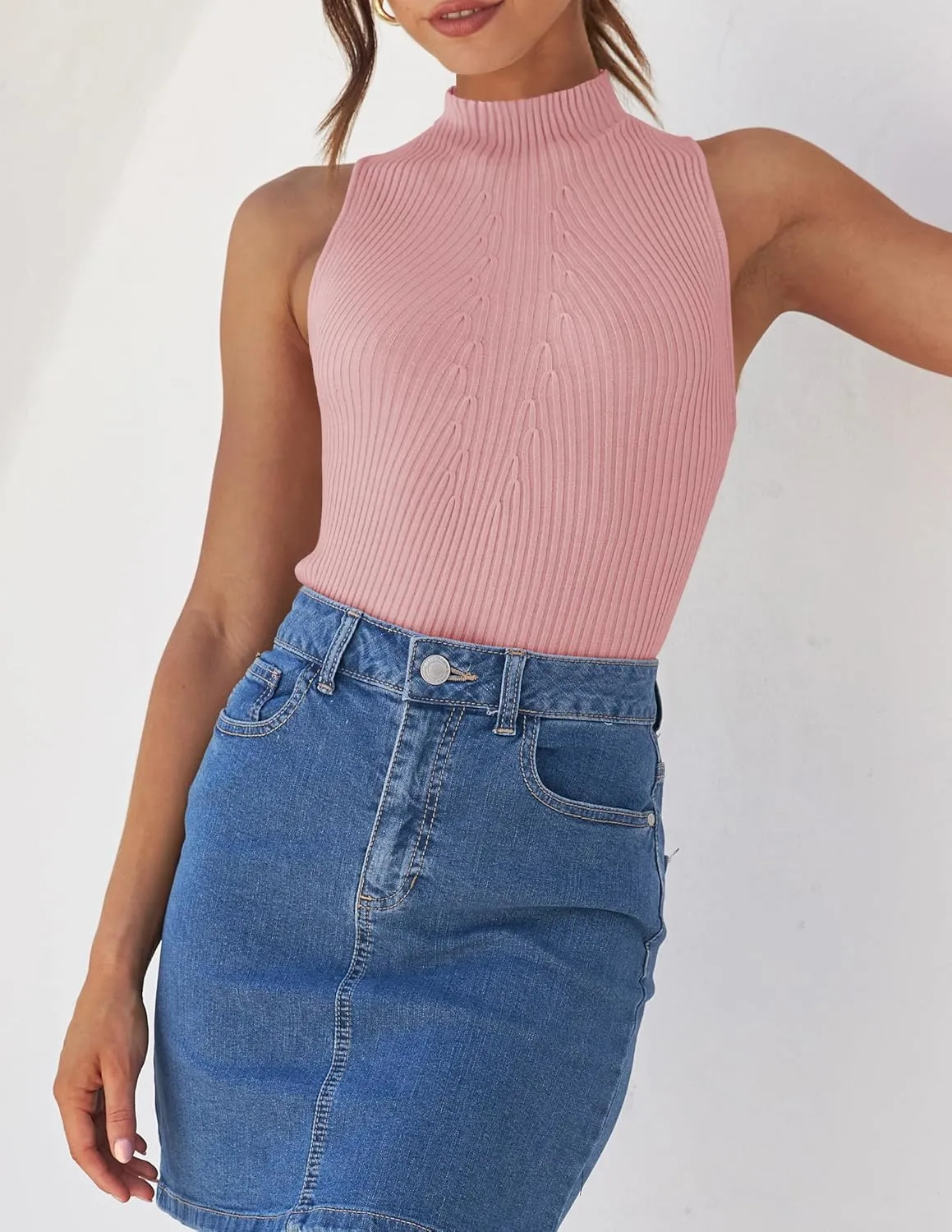 ZESICA Women's Summer Ribbed High Neck Tank Tops Slim Fit Fashion Casual Basic Knit Sleeveless Shirts