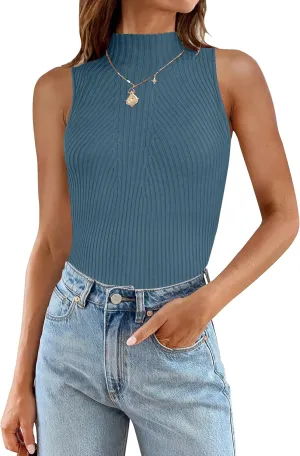 ZESICA Women's Summer Ribbed High Neck Tank Tops Slim Fit Fashion Casual Basic Knit Sleeveless Shirts