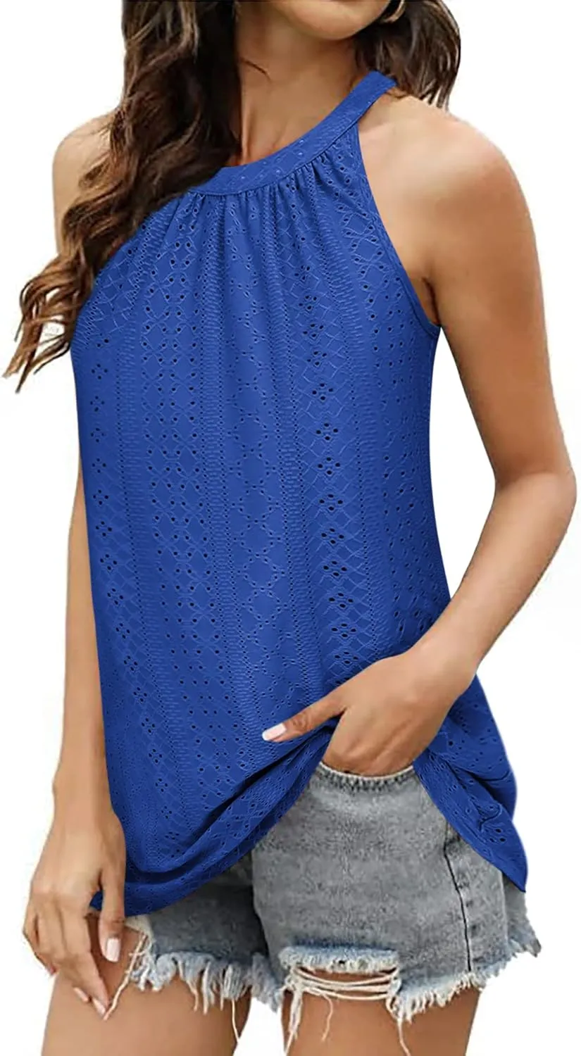Zwurew Tank Top for Women Loose Fit High Neck Sleeveless Halter Tops Casual Pleated Eyelet Summer Flowy Cami Shirts Blouse