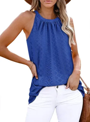 Zwurew Tank Top for Women Loose Fit High Neck Sleeveless Halter Tops Casual Pleated Eyelet Summer Flowy Cami Shirts Blouse
